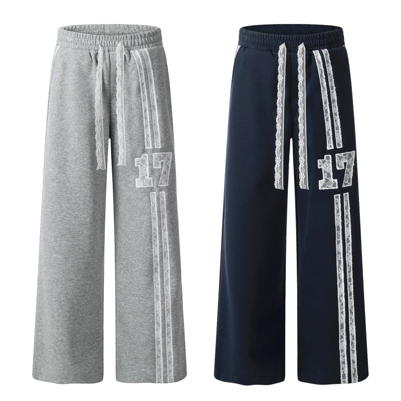 American-style streetwear harem pants Contrast Lace Drawstring Number Wide Trousers