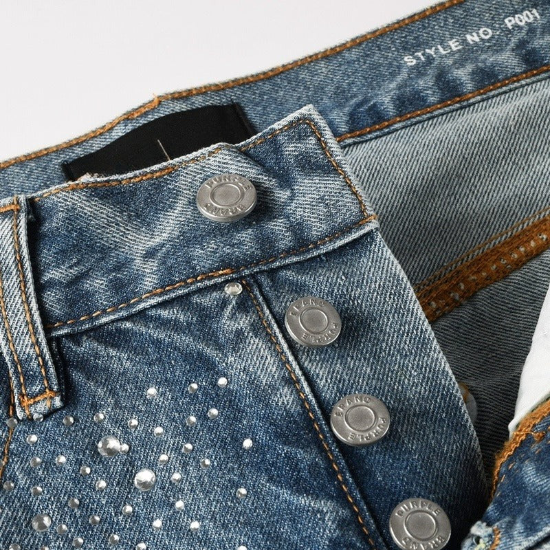 Purple brand Jeans High-quality pure cotton streetwear trousers Rhinestone-embellished straight-leg ripped jeans