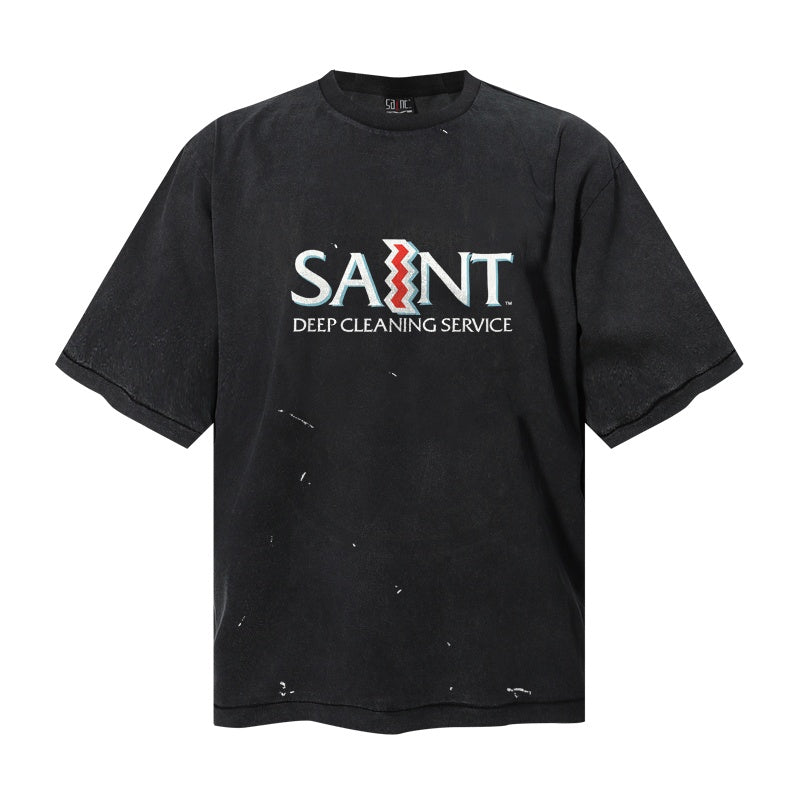 Saint Michael T Shirts Worn Out Black Saint Deep Cleaning Service Text Print Casual Loose