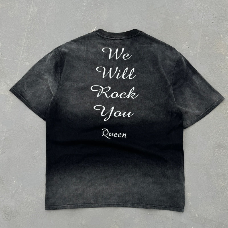 Unisex Vintage T Shirts "We Will Rock You" Queen Madison Square Garden Tour Limited Edition T-Shirt – Distressed "Washed-Ape" Wasteland Aesthetic. Custom heavyweight brushed fabric with a vintage feel; American-made plastisol ink print.