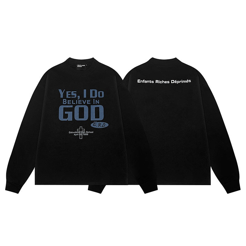 ERD Long sleeved shirt  Black Loose Top Bold Blue Letter Minimal Symbol Graphic