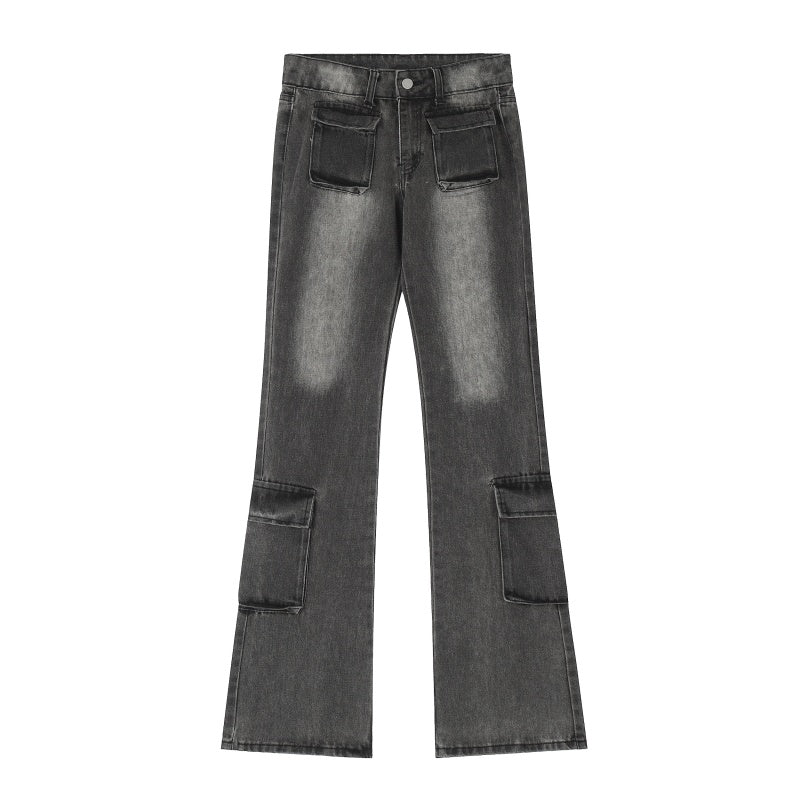 American-style streetwear harem pants Retro Bleach Wash Wide Flare Cargo Jeans
