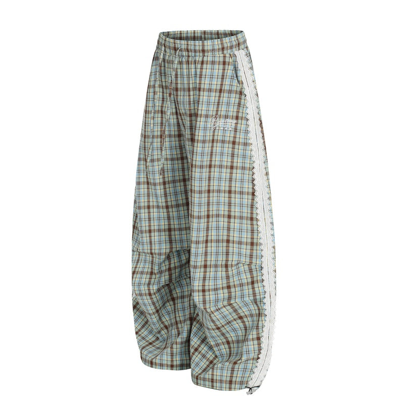 American-style streetwear harem pants Plaid Fringe Trim Ruched Curved Bottoms
