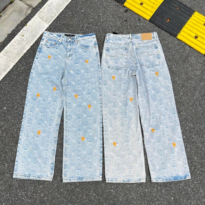 Lightning Pattern Jeans High-quality high-street pure cotton trousers