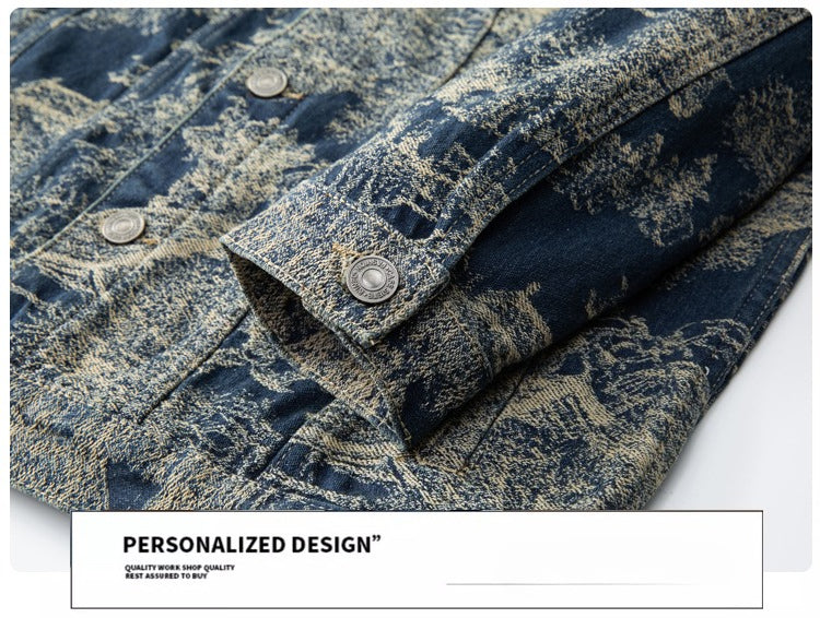 Denim Jacket & Jeans High-Street Trend Men's Vintage Toile de Jouy Scenic Print Denim Jacket and Jeans Set  Retro Casual Matching Artistic Landscape Graphic Trucker Jacket and Pants Outfit (jacket and jeans must be purchased separately.)