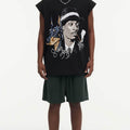 BIG FACE Drop-Shoulder Tank Top High-street vintage style featuring a small neckline, white-ink digital direct-to-garment (DTG) printing, and a heavy-duty, distressed wash finish; crafted from 260g double-yarn plain-knit fabric.