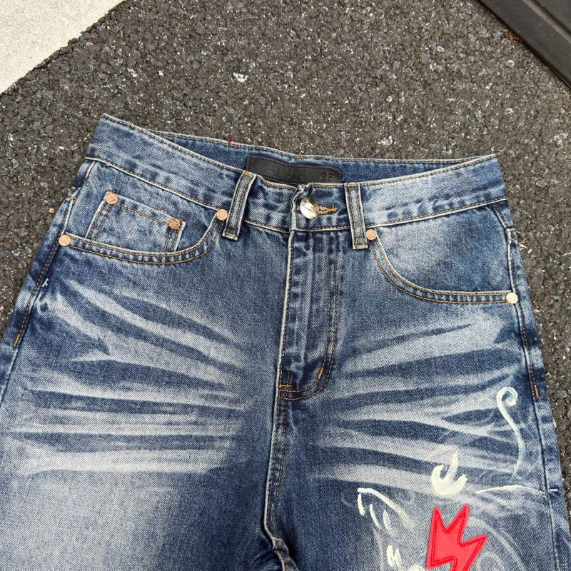 Lightning Pattern Jeans High-quality high-street pure cotton trousers