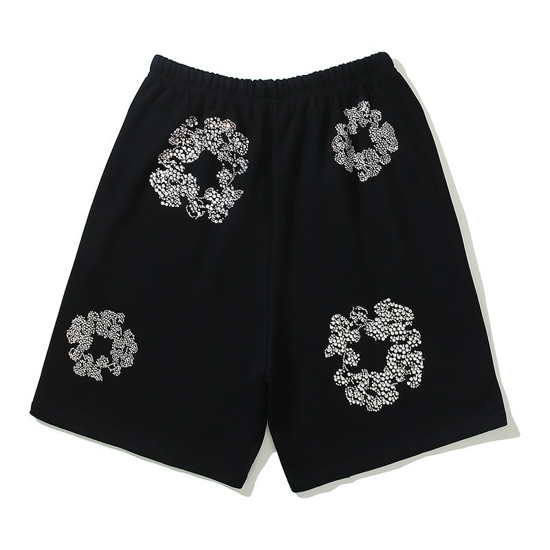 Denim Tears Shorts Cotton Bling Flower Wreath Graphic Oversized Drawstring