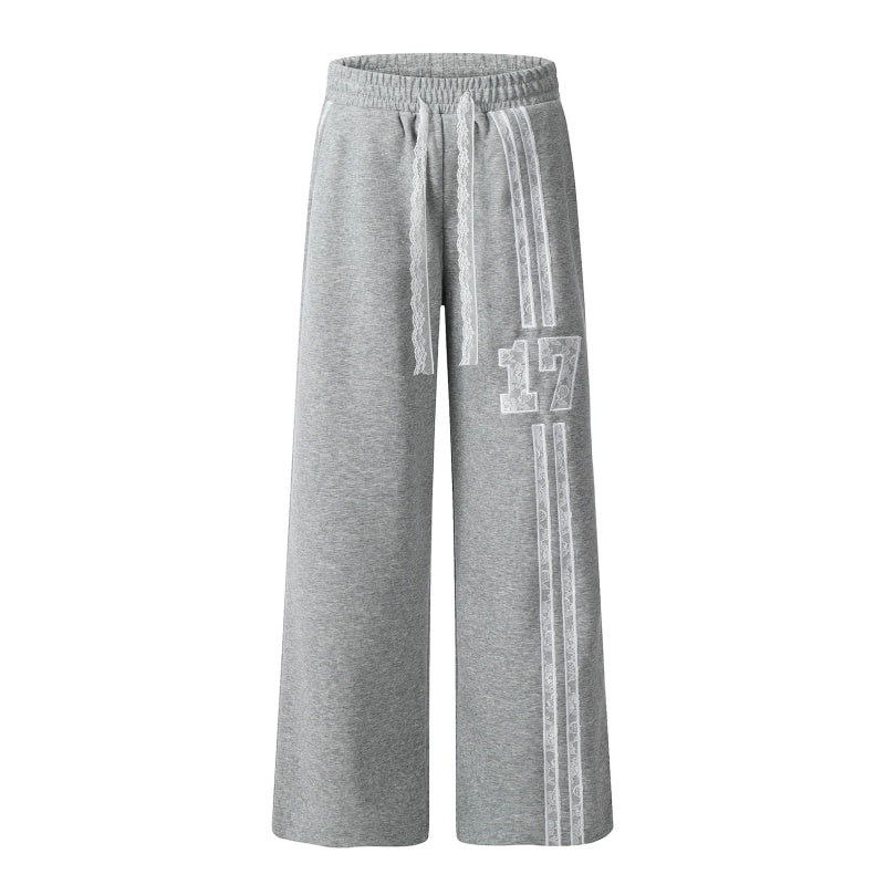 American-style streetwear harem pants Contrast Lace Drawstring Number Wide Trousers