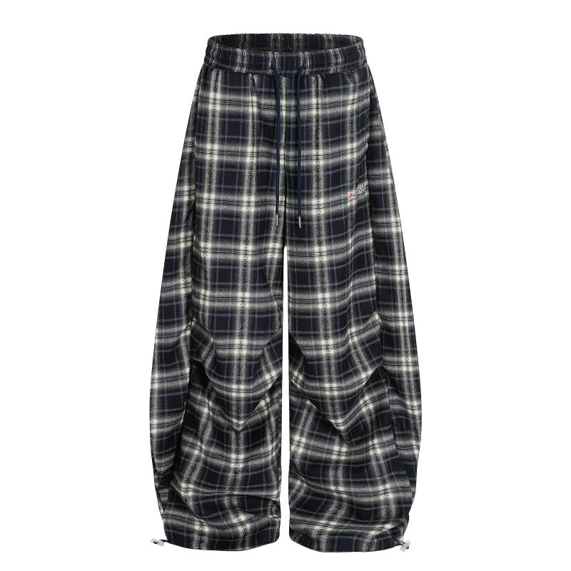American-style streetwear harem pants Gathered Plaid Wide Balloon Trousers