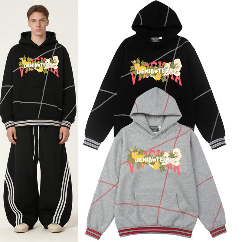 Denim Tears Hoodie Y2K Virginia Cotton Floral Print Oversized Line Stitch Hoodie