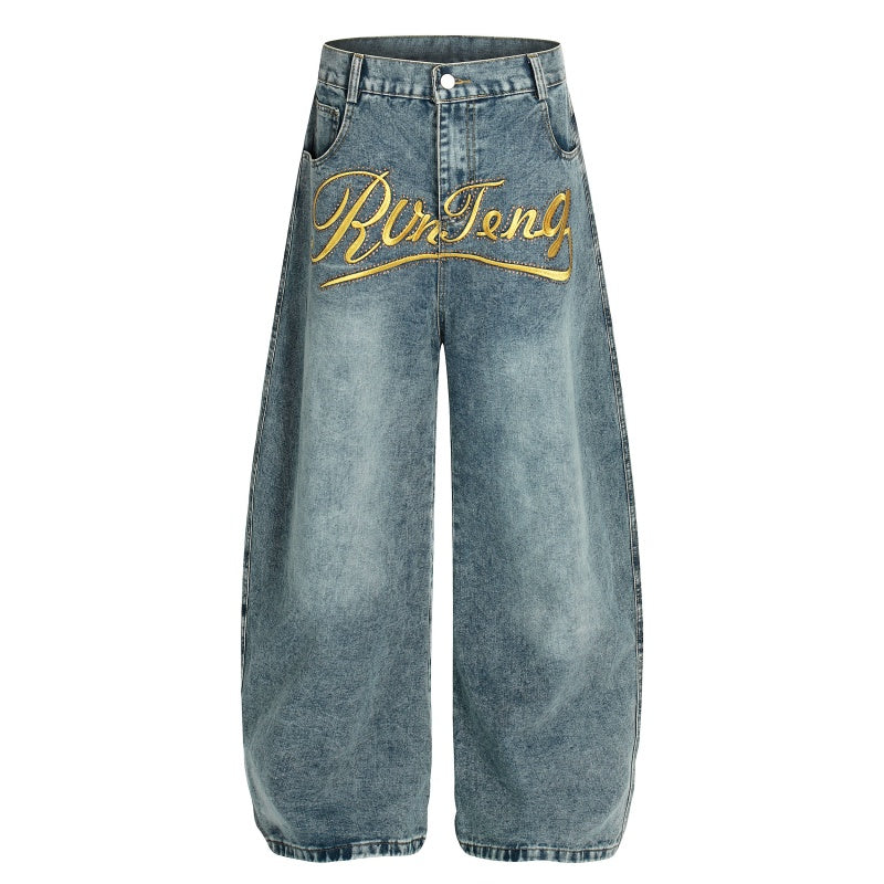 American-style streetwear harem pants Faded Gold Foil Script Baggy Denim