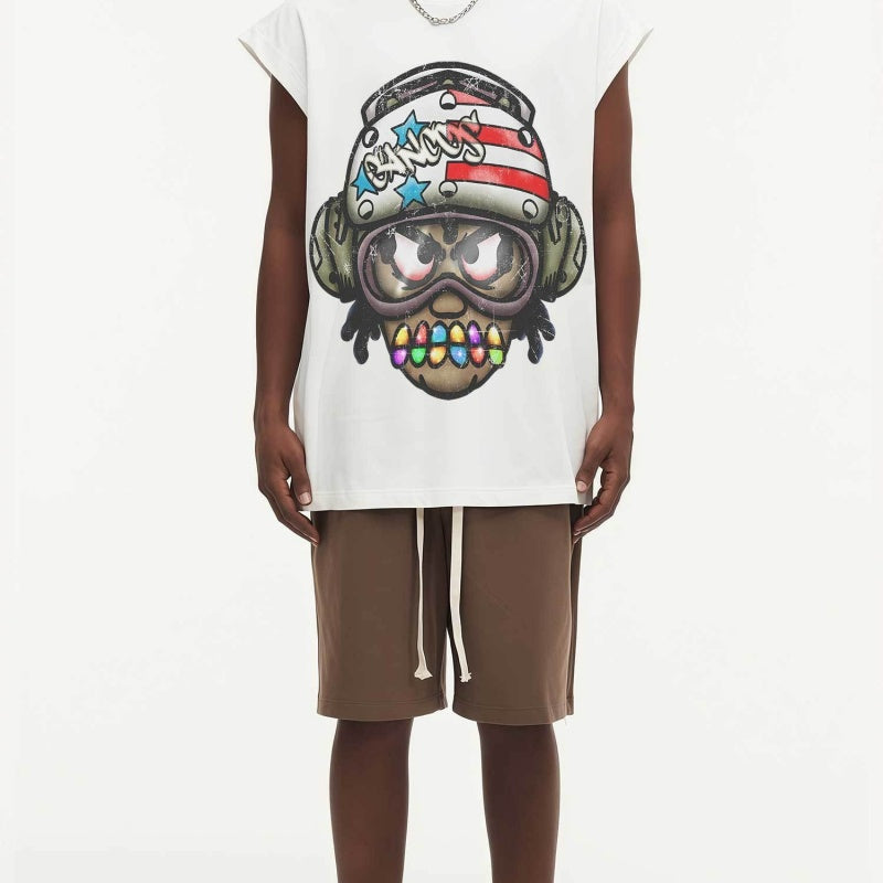 BIG FACE Drop-Shoulder Tank Top High-street vintage style featuring a small neckline, white-ink digital direct-to-garment (DTG) printing, and a heavy-duty, distressed wash finish; crafted from 260g double-yarn plain-knit fabric.