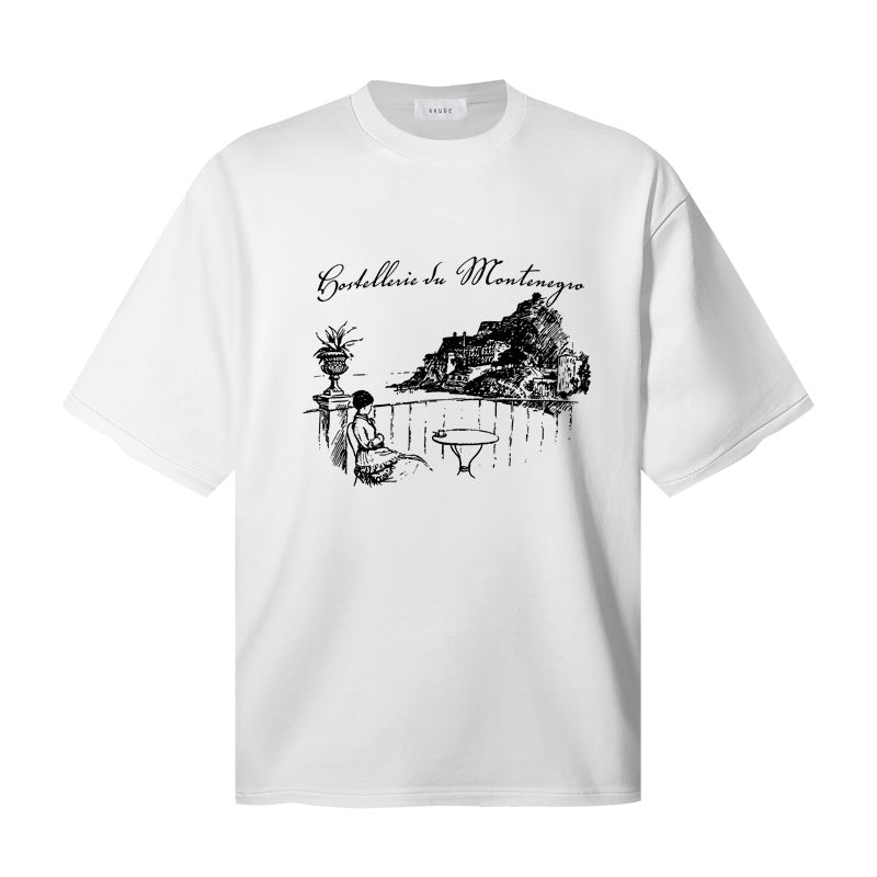RHUDE T Shirts Dual‑Sided Mountain Scene Script‑Print Street