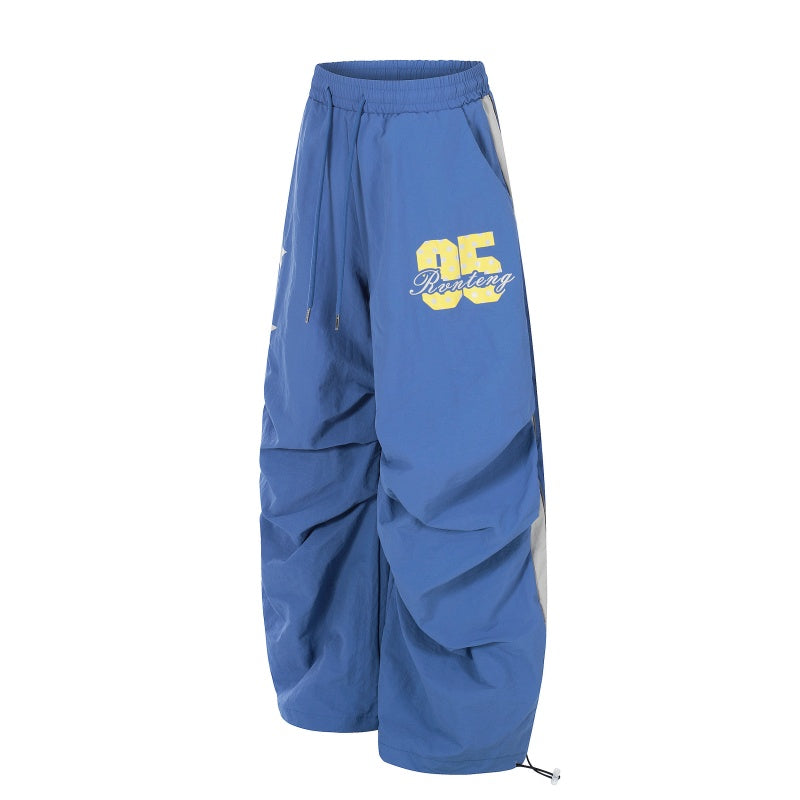 American-style streetwear harem pants Bright Star Number Gathered Wide Curved Pants