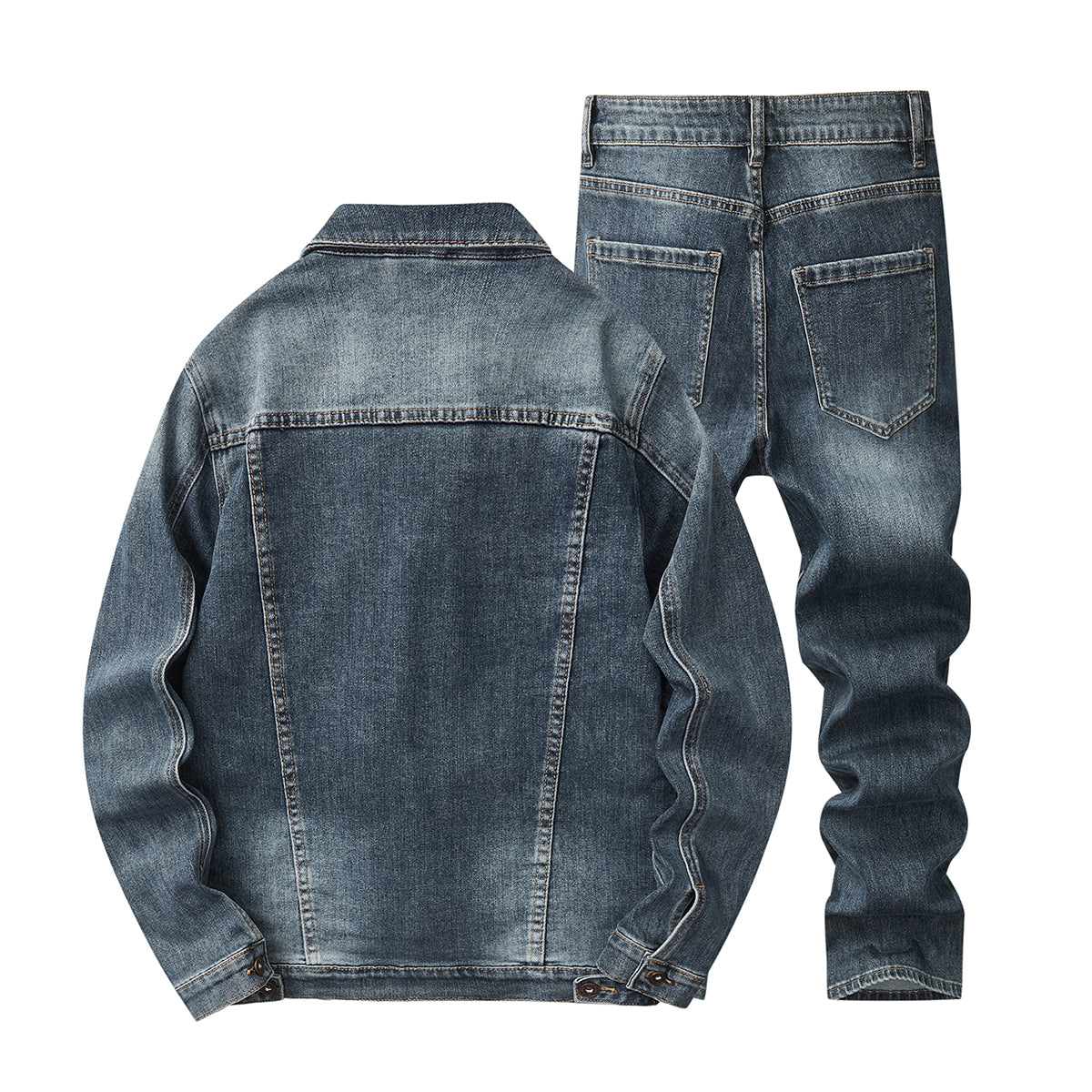 Denim Jacket & Jeans High-Street Trend Retro Casual Matching Distressed Denim Trucker Jacket and Slim-Fit Pants Outfit (jacket and jeans must be purchased separately.)