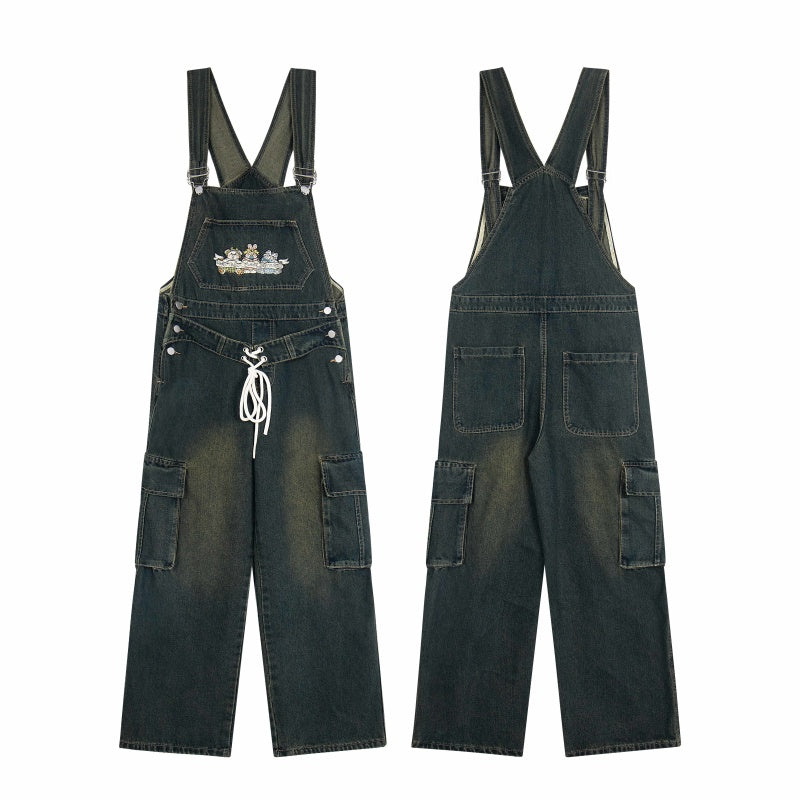Street-style vintage jeans Women Overalls Y2K Vintage Denim Cargo Overalls with Lace-Up Waist and Cartoon Embroidery