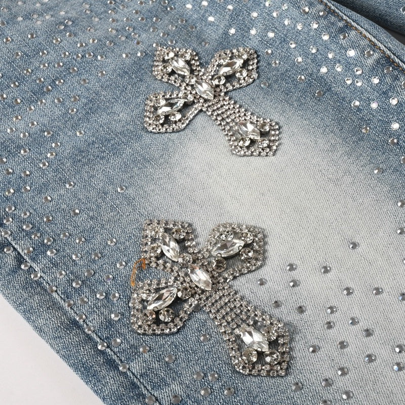 Purple brand Jeans High-quality pure cotton streetwear trousers Rhinestone cross