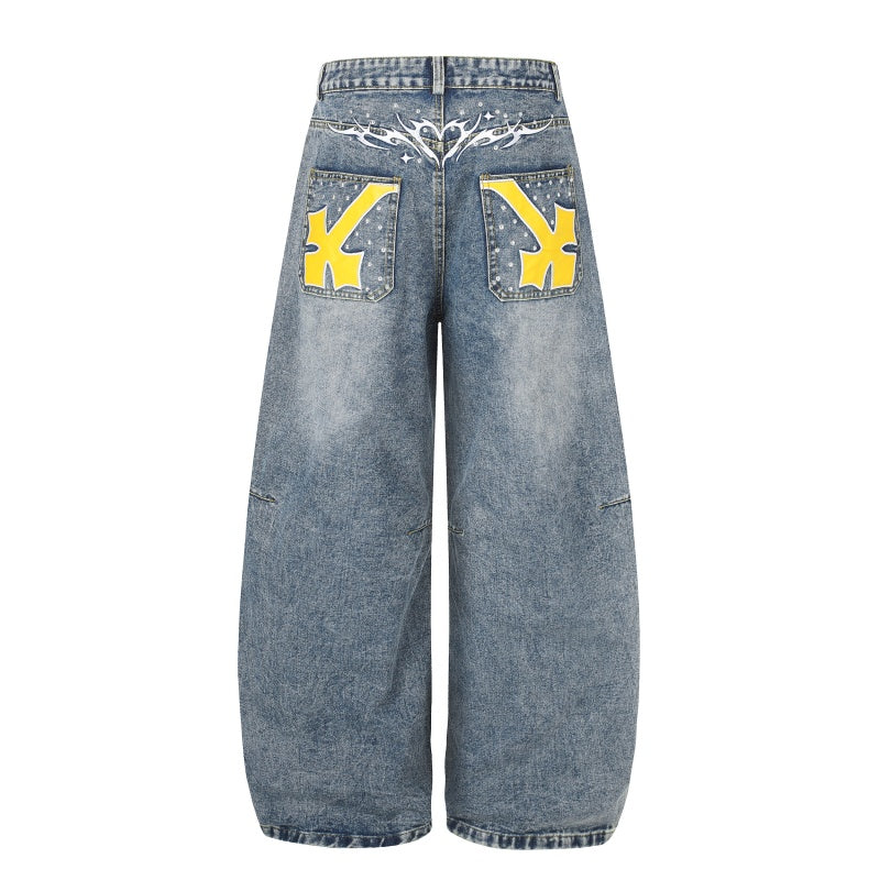 American-style streetwear harem pants Yellow Cross Print Washed Barrel Denim