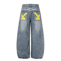 American-style streetwear harem pants Yellow Cross Print Washed Barrel Denim