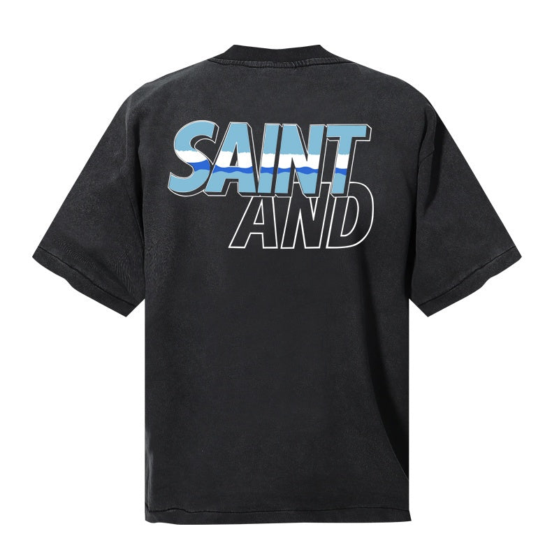 Saint Michael T Shirts Ocean Wave Inside SEA 3D Font Dark Washed Front Graphic