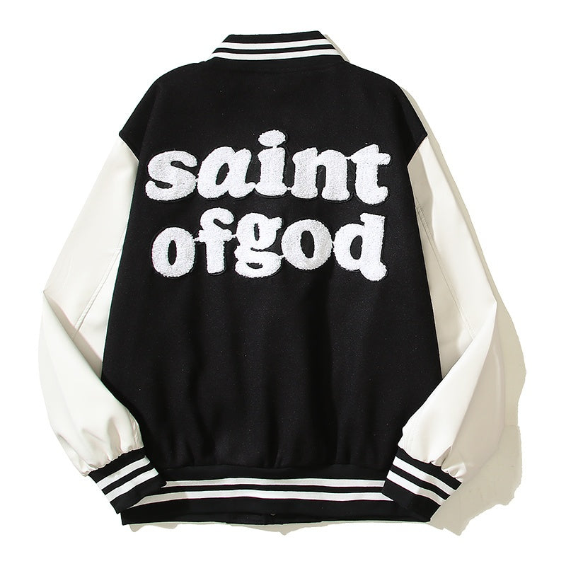 American-style baseball jacket High-street "Saint of God" American-style color-block varsity jacket for men; loose-fit unisex design featuring leather sleeves and a wool-blend body.
