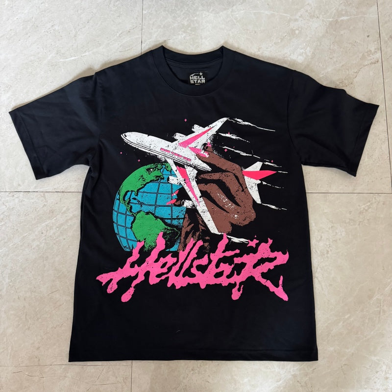 Vintage-style American T-shirt Bold Pink Script Global Scene Design