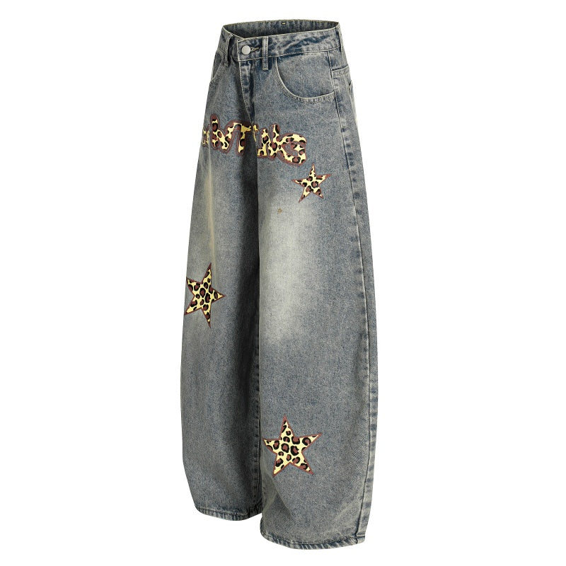 American-style streetwear harem pants Washed Leopard Star Letter Baggy Denim