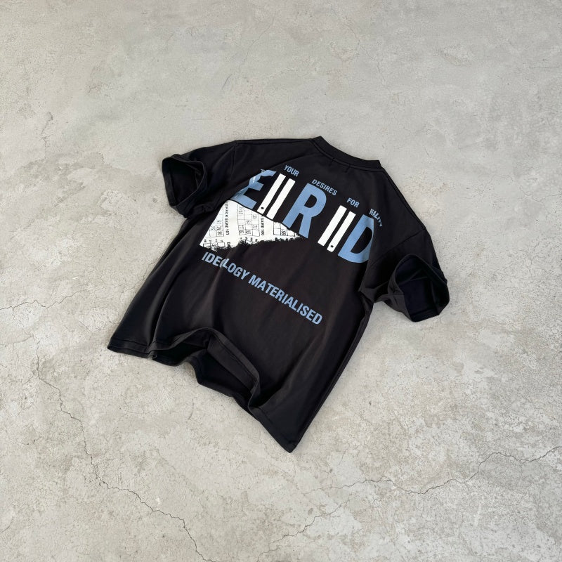 ERD T Shirts High Street Back Print Retro Blue Letter Graphic Oversized Black Cotton Short Sleeve Unisex Street Tee