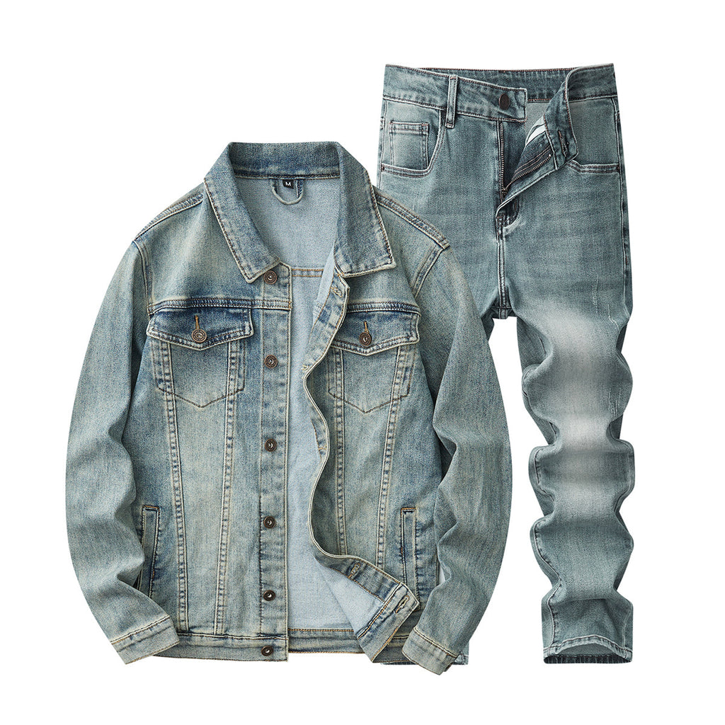 Denim Jacket & Jeans High-Street Trend Retro Casual Matching Distressed Denim Trucker Jacket and Slim-Fit Pants Outfit(jacket and jeans must be purchased separately.)