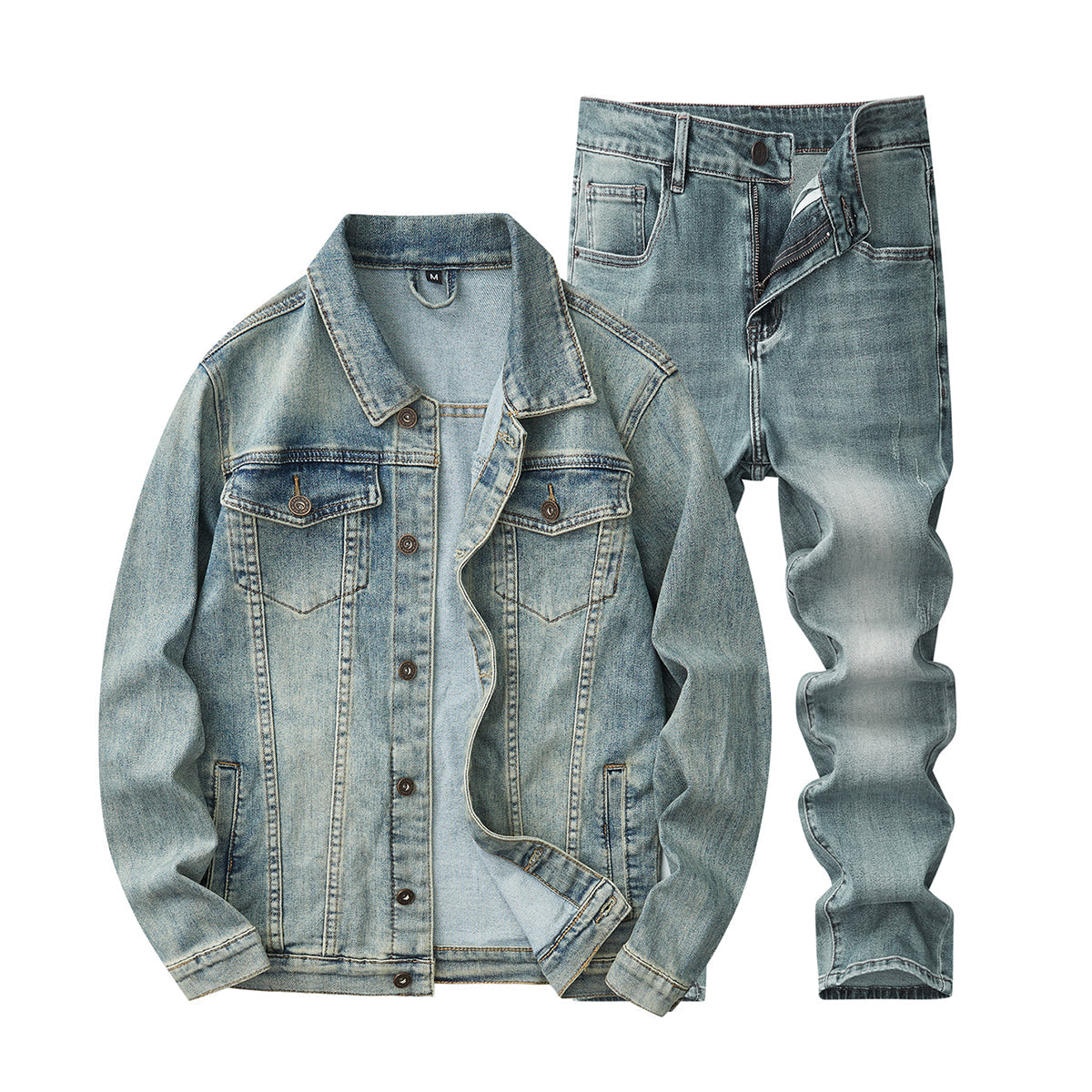Denim Jacket & Jeans High-Street Trend Retro Casual Matching Distressed Denim Trucker Jacket and Slim-Fit Pants Outfit(jacket and jeans must be purchased separately.)