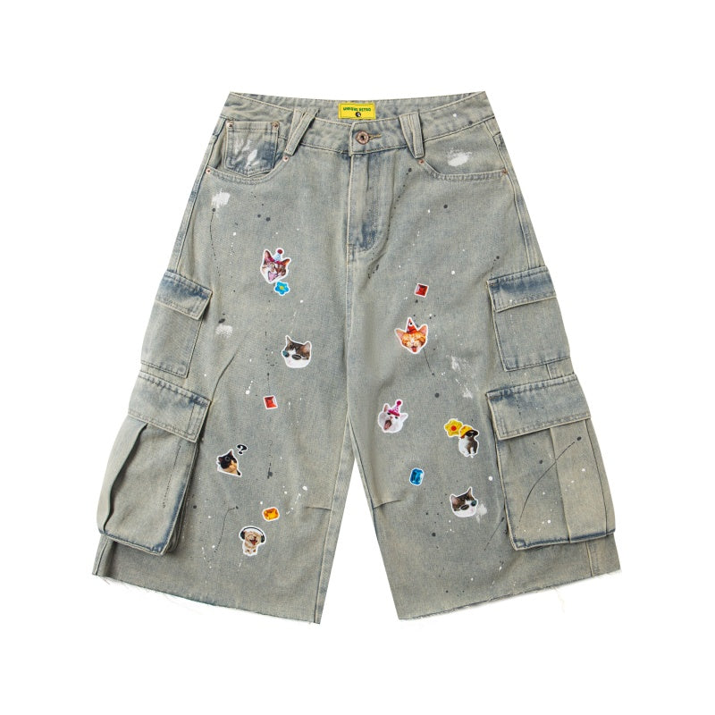 Street-style vintage Cropped trousers Retro Distressed Loose-Fit Wide-Leg Denim Cargo Shorts with Graphic Accents
