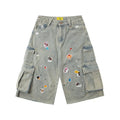Street-style vintage Cropped trousers Retro Distressed Loose-Fit Wide-Leg Denim Cargo Shorts with Graphic Accents