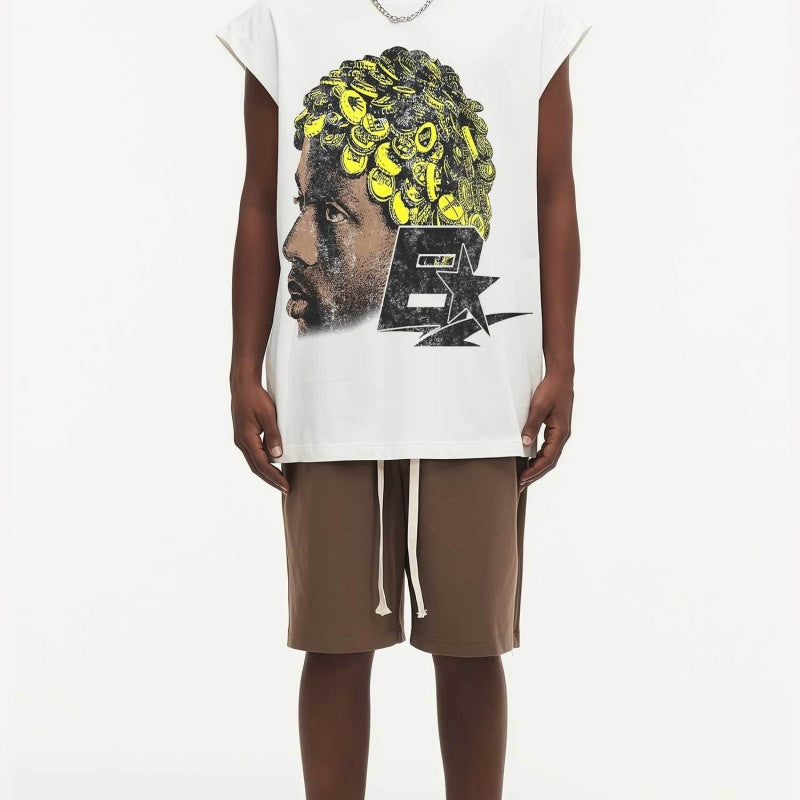 BIG FACE Drop-Shoulder Tank Top High-street vintage style featuring a small neckline, white-ink digital direct-to-garment (DTG) printing, and a heavy-duty, distressed wash finish; crafted from 260g double-yarn plain-knit fabric.