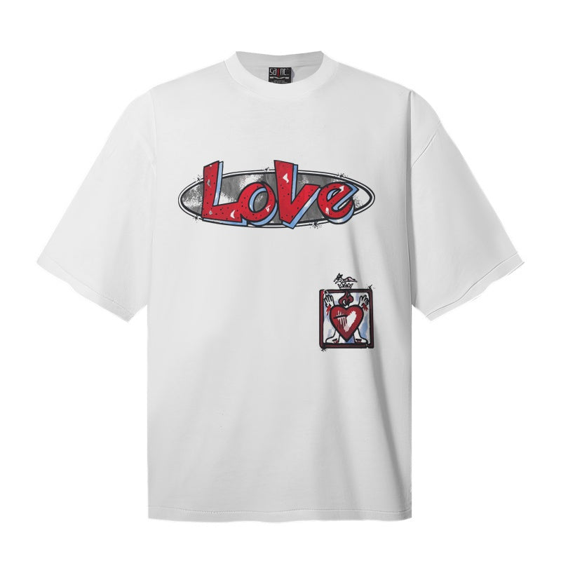 Saint Michael T Shirts Casual Graffiti LOVE Text Sacred Heart Square Emblem Oversized Tee Print