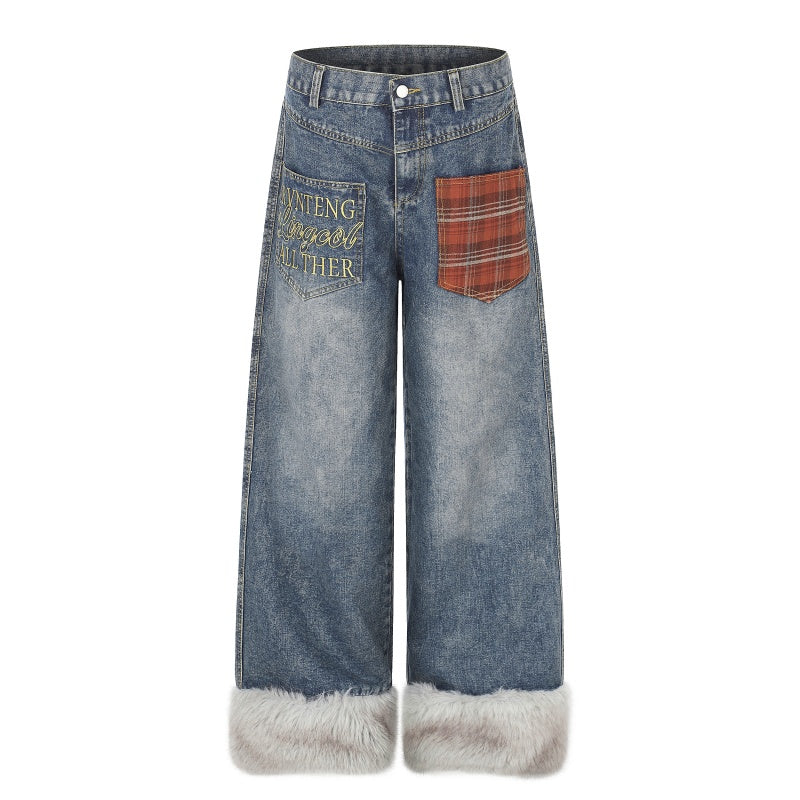American-style streetwear harem pants Grunge Furry Hem Contrast Plaid Pocket Denim