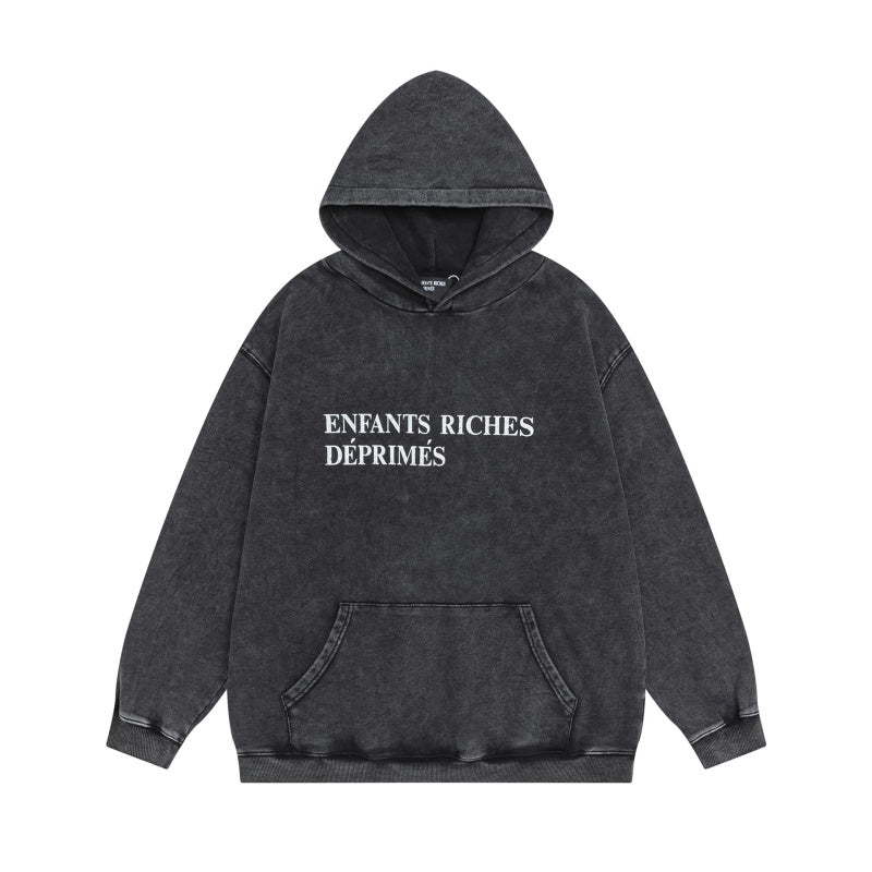 ERD Hoodie Vintage Washed Dark Layer Minimal Front Serif Lettering Graphic