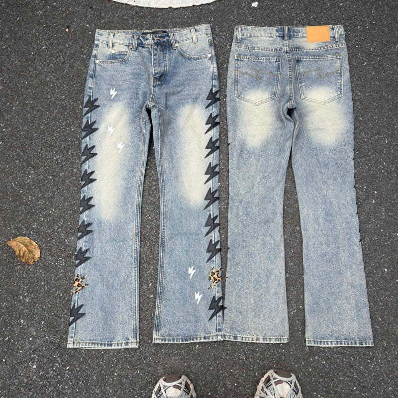 Lightning Pattern Jeans High-quality high-street pure cotton trousers
