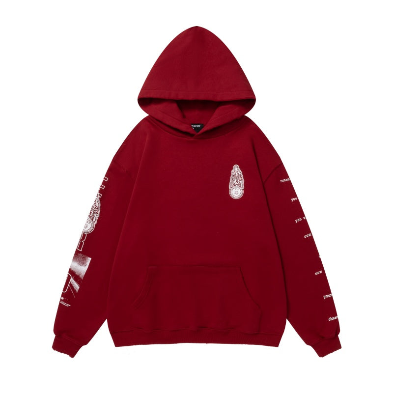 ERD Hoodie Burgundy Pigment Washed Oversized Pullover Chest Mini Emblem Circular Collage Portrait Back Print Allover Sleeve Graphics