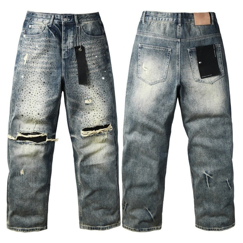 Purple brand Jeans High-quality pure cotton streetwear trousers Rhinestone-embellished loose-fit straight-leg ripped trousers