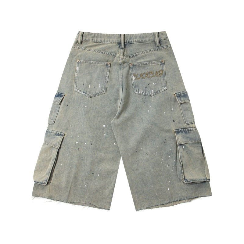 Street-style vintage Cropped trousers Retro Distressed Loose-Fit Wide-Leg Denim Cargo Shorts with Graphic Accents