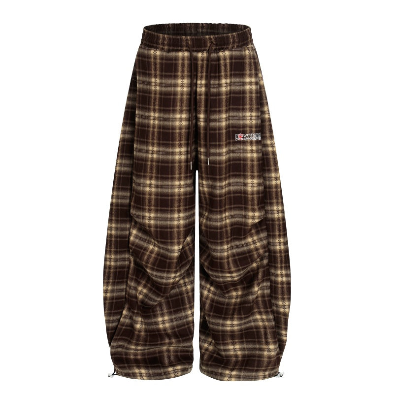 American-style streetwear harem pants Gathered Plaid Wide Balloon Trousers