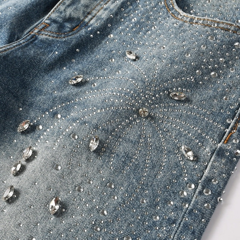 Purple brand Jeans High-quality pure cotton streetwear trousers Rhinestone-embellished straight-leg ripped jeans