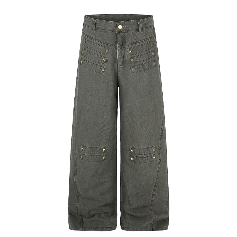 American-style streetwear harem pants Vintage Rivet Stitch Detail Baggy Denim