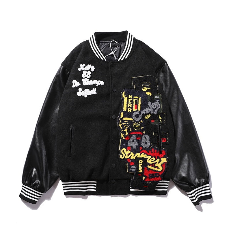 American-style baseball jacket TRAVIS SCOTT Men's Stand-Collar Padded Jacket (Wool-Blend Body with Leather Sleeves & Embroidery) – Unisex Style