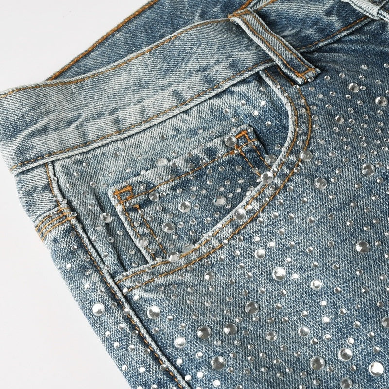 Purple brand Jeans High-quality pure cotton streetwear trousers Rhinestone-embellished straight-leg ripped jeans