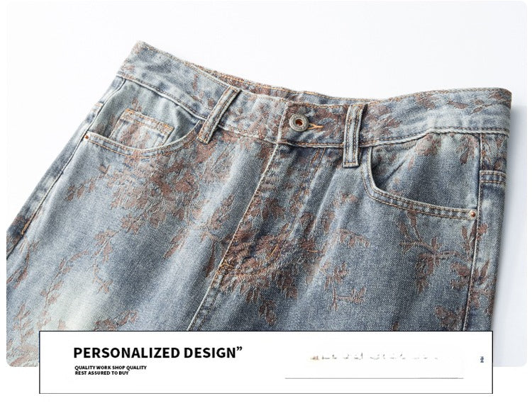 Denim Jacket & Jeans High-Street Trend Retro Casual Matching Botanical Graphic Trucker Jacket and Slim-Fit Pants Outfit(jacket and jeans must be purchased separately.)