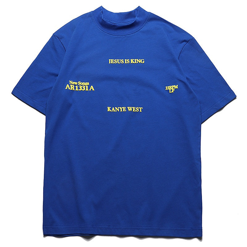 Mens T-shirt Vintage American-style Kanye "Jesus Is King" High-Street Oversized Drop-Shoulder Tee with Puffed Lettering (FOG Style)