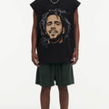 BIG FACE Drop-Shoulder Tank Top High-street vintage style featuring a small neckline, white-ink digital direct-to-garment (DTG) printing, and a heavy-duty, distressed wash finish; crafted from 260g double-yarn plain-knit fabric.