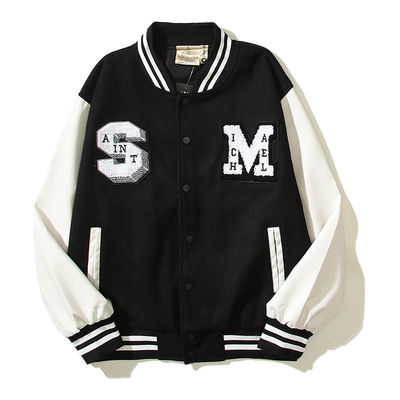 American-style baseball jacket High-street "Saint of God" American-style color-block varsity jacket for men; loose-fit unisex design featuring leather sleeves and a wool-blend body.